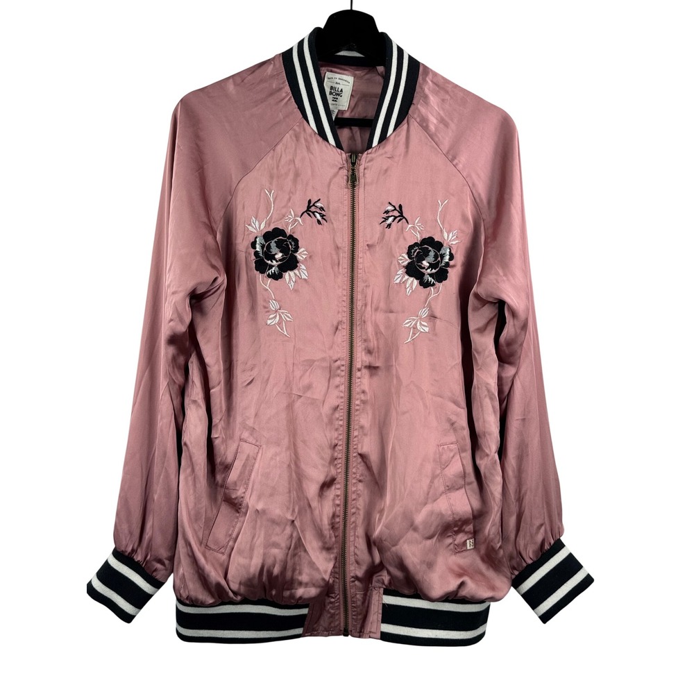 Billabong Bomber Jacket sz S Pink Satin Floral Embroidered Varsity retro